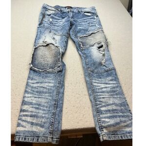 KRISP Biker Jeans Acid Wash Distressed Moto Ribbed Slim Blue Mens 34x31